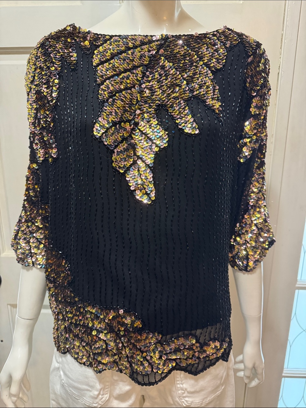 OLEG CASSINI 1980s Vintage BATWING Silk Sequin Holiday Party Top Blouse S L. A
